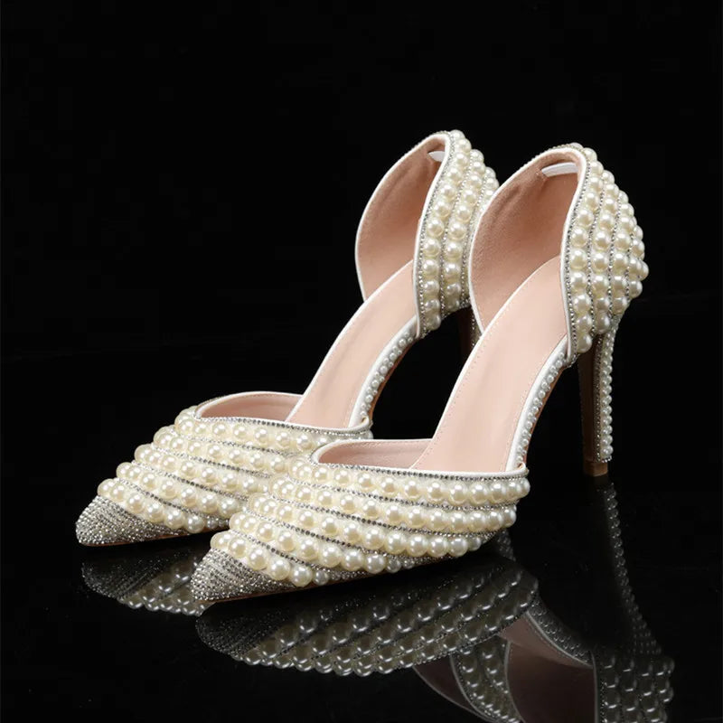 Luxury Handmade Full Pearls Rhinestones Wedding Women Pumps Elegant Pointed toe Bridal Thin High heels Fashion Party Prom Shoes