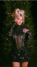 New Black Women Long Sleeve Sexy Shinning Sequins Bodycon Mini Dress Fashion Celebrate Nightclub Party Cocktail Dress