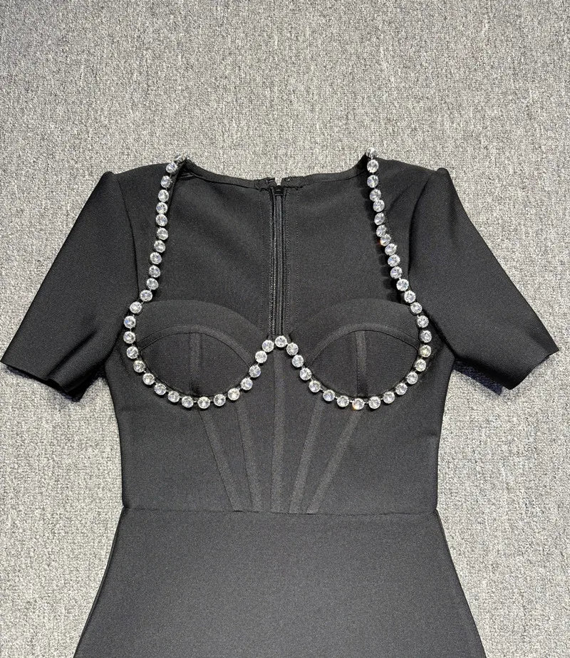 Black Color Women Sexy Sqaure Collar Short Sleeve Bodycon Bandage Mid-calf Dress Celebrate Evening Party Cocktail Dress