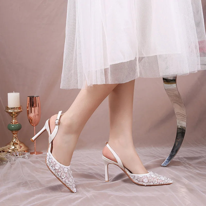 Fashion Sequined Lace Flowers Women Pumps Elegant Pointed toe Satin Wedding Thin High heels Summer Female Party Bridal Shoes