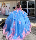 Gorgeous Blue And Pink Quinceanera Dresses 2025 Off Shoulder 3D Florals Lace Vestidos De 15 Años Corset Charro Gown Customized