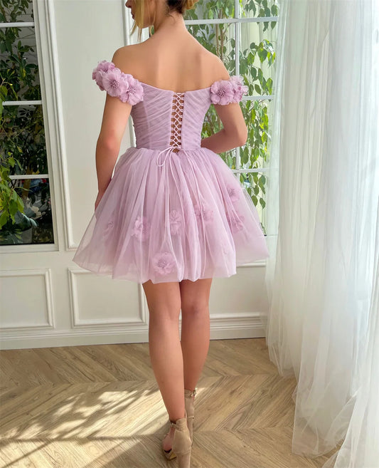 Amanda Princess Off Shoulder فستان سهرة Light Purple Mini Party Dress 3D Flower Evening Dresses Sweet Corset Short Prom Dress