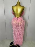 Women Pink Ruffles Sexy Strapless Mini Tops 2 PCS Set Dress Nightclub Bar Birthday Party Evening Stage Performance Costume