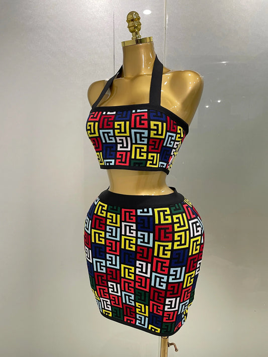 Women Sexy Backless Halter Jacquard Two Piece Mini Skirt Bandage Set Celebrity Designer Evening Party Women's Set