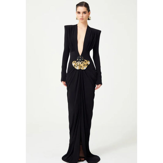 Beaded Decoration Sexy V-Neck Package Hip Black Floor Length Dress Celebrity Party Dress Woman Cocktail Outfit