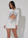 2022 New Autumn Rayon Bandage Women Long Sleeve Sexy Holes Bodycon Mini Dress Celebrate Fashion Nightclub Party Outfit Vestido
