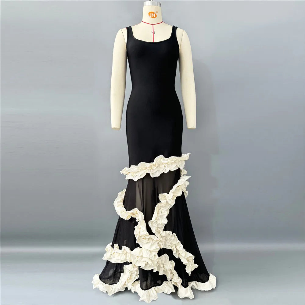 Women Sleeveless Sexy O-Neck Florals Floor-length Bandage Dress Celebrate Birthday Party Photo Shoot Evening Outfit
