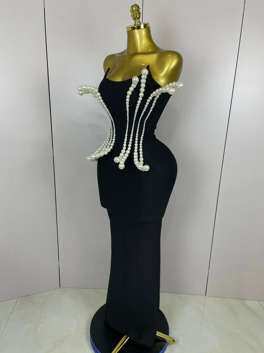 Sexy Strapless Pearl Beading Bodycon Long Bandage Dress Women Fashion Elegant Evening Party Luxury Birthday Dresses