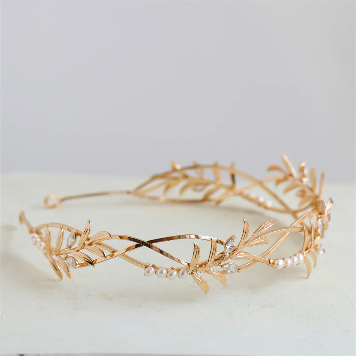 Bridal Hair Jewelry Vintage Gold Color Tiara Pearl Zircon Headband Headpiece Brides Leaf Hairband Headwear Wedding Accessories a