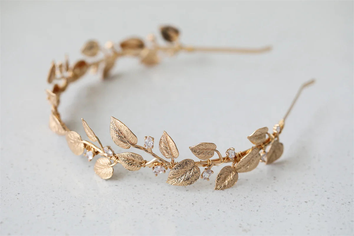 Wedding Hair Accessories Zircon Crystal Tiaras and Crowns Vintage Gold Color Headband For Brides Leaf Headpiece Bridal Jewelry