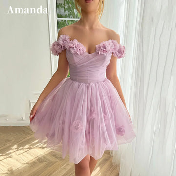 Amanda Princess Off Shoulder فستان سهرة Light Purple Mini Party Dress 3D Flower Evening Dresses Sweet Corset Short Prom Dress