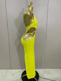 Luxury Sexy Backless Halter Beading Maxi Long Lemon Yellow Bandage Dress Women Elegant Evening Club Birthday Party Dress