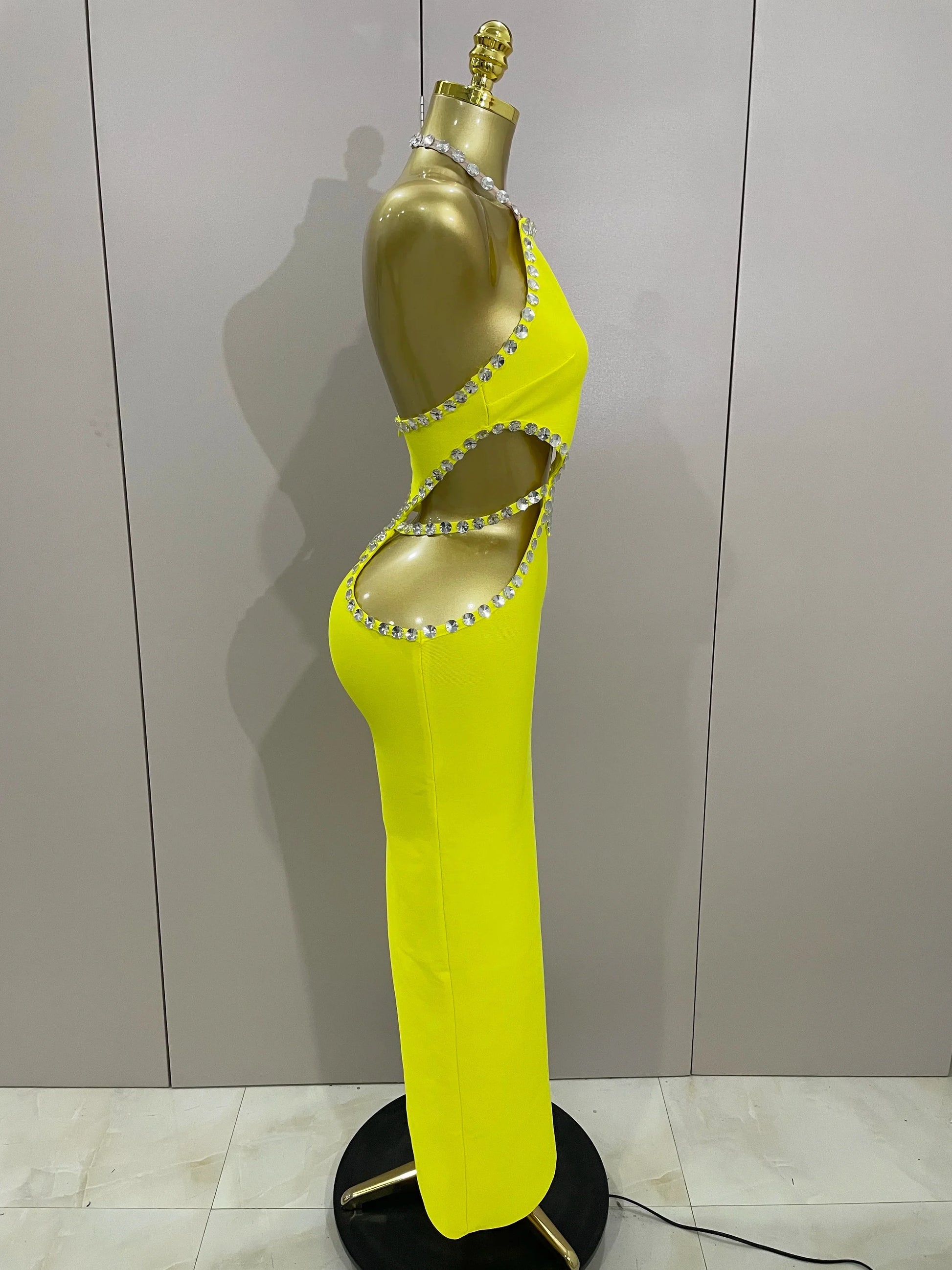 Luxury Sexy Backless Halter Beading Maxi Long Lemon Yellow Bandage Dress Women Elegant Evening Club Birthday Party Dress