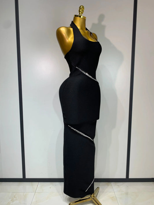 Women Celebrity Sexy Backless Halter Black Crystals Bandage Dress Knitted Elegant Evening Club Party Luxury Birthday Dress