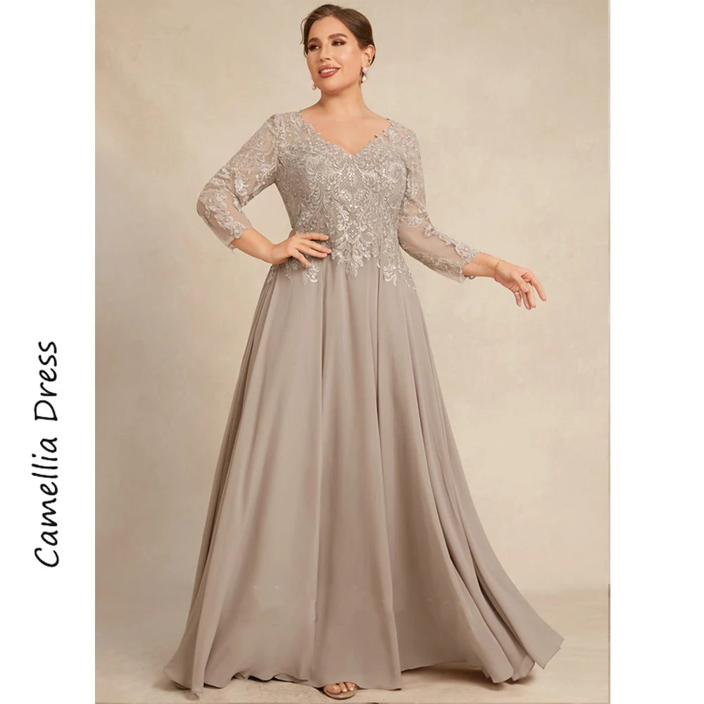 Simple V-Neck Mother Of The Bride Dress A Line Formal Dresses Chiffon Lace With Sequins Vestidos Mae Da Noiva Casamentos