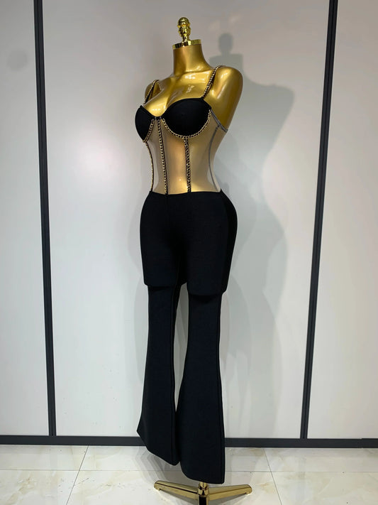 Women Luxury Sexy Sleeveless Mesh Chain Black Bodycon Bandage Jumpsuit Fashion Party Celebrity Designer High Street Rompers