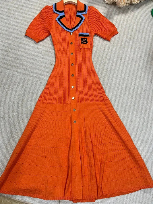 Elegant Women's Slim Fit Knitted Dress Fashionable Polo Neck Short Sleeve Single breasted Design Split Knitted Mid length Dress Short sleeved orange