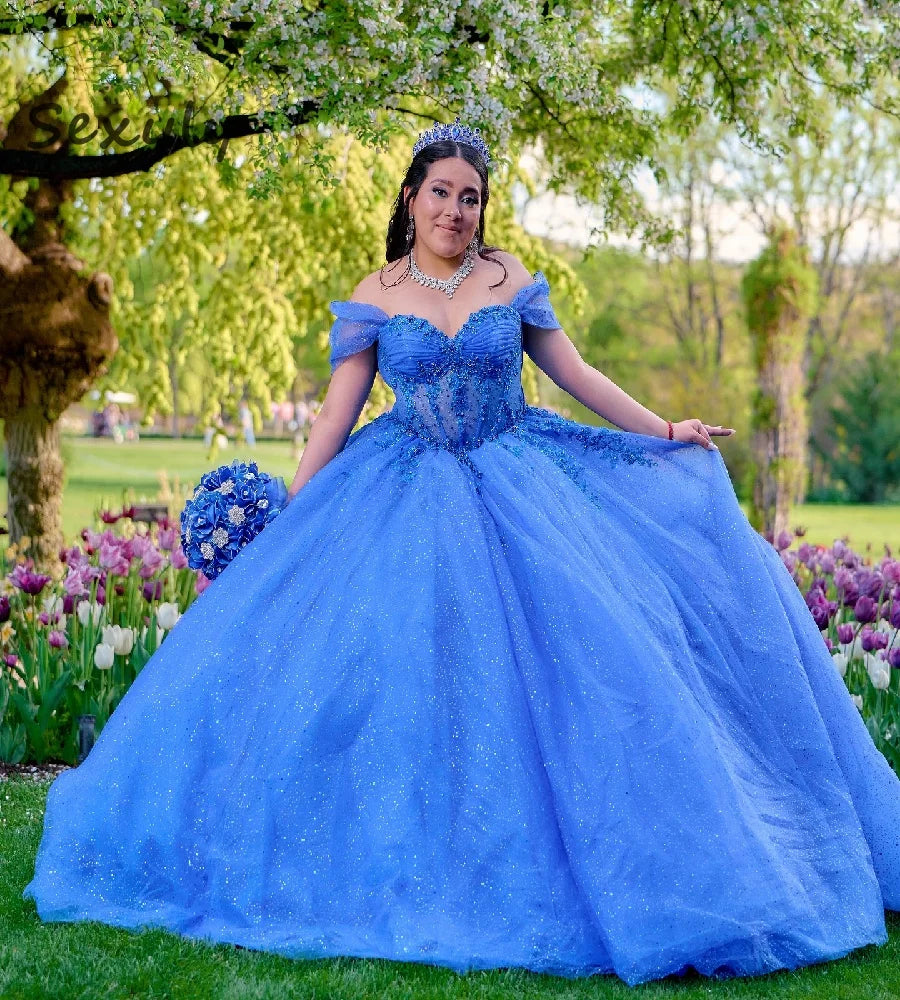 Bling Blue Quinceanera Dresses With Beaded Sparkly Sequin Vestido De 15 Anos Plus Size Sweet 16 Dress Birthday Party Customized