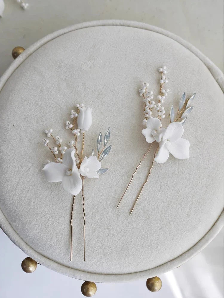 Wedding Accessories Porcelain Flower Head Piece Opal Gold Silver Color Hairpin Brides Bridesmaids Hair Clip Pin Bridal Jewelry