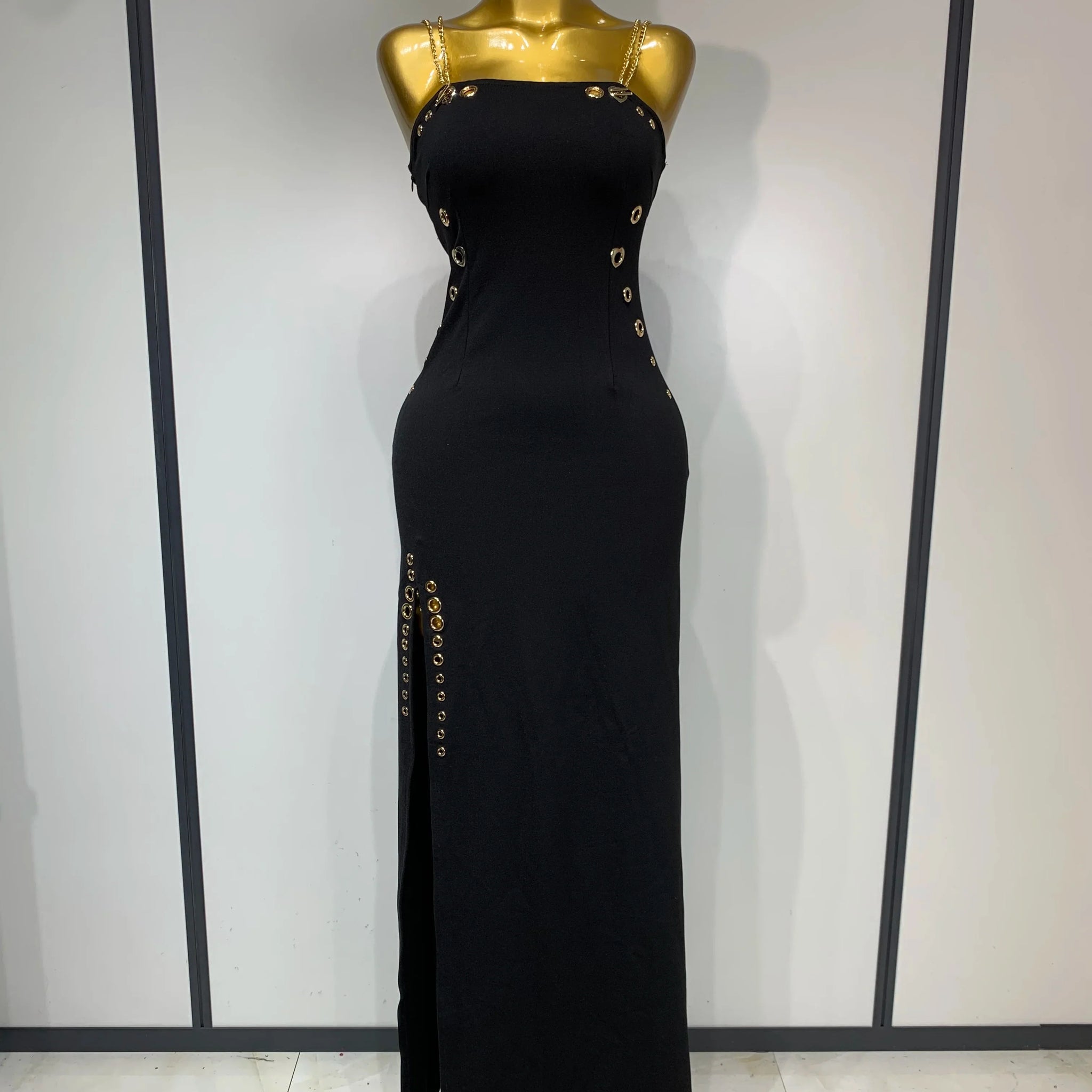 Women Sexy Sleeveless Square Colalr Chain Bodycon Maxi Long Dress Elegant Evening Party Fashion Celebrate Birthday Dress black