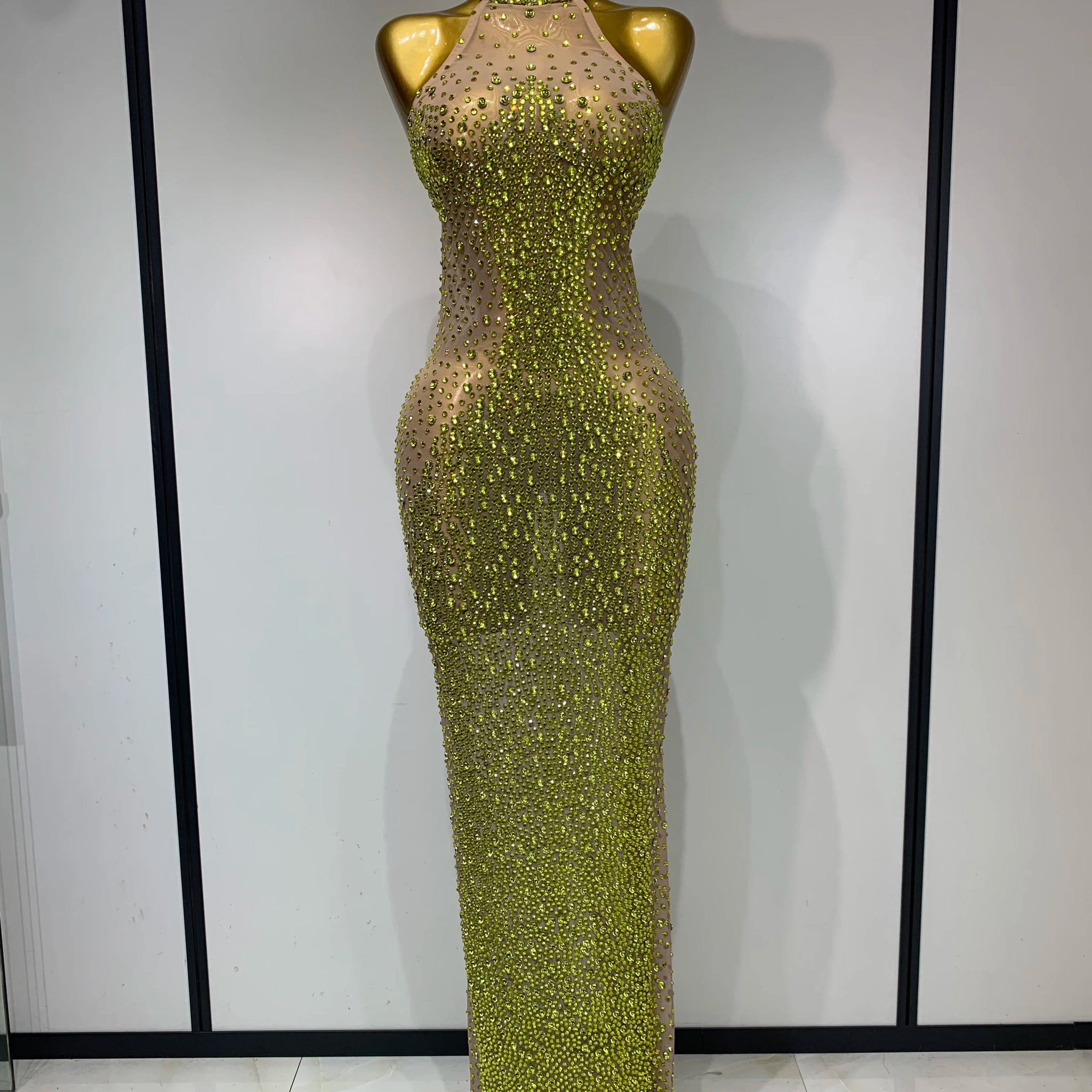 Women Luxury Birthday Celebrate Dress Dancer Party Show Stage Outfit Sparkly Rhinestone Elastic Mesh See Through Long Dress Gold