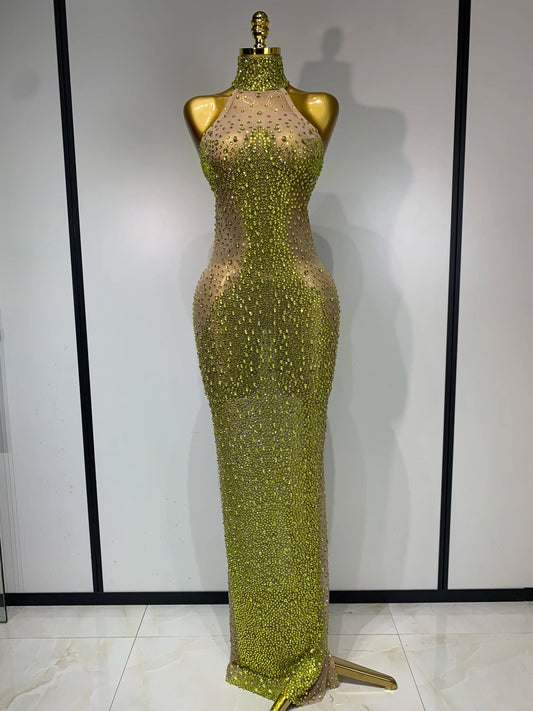 Women Luxury Birthday Celebrate Dress Dancer Party Show Stage Outfit Sparkly Rhinestone Elastic Mesh See Through Long Dress Gold