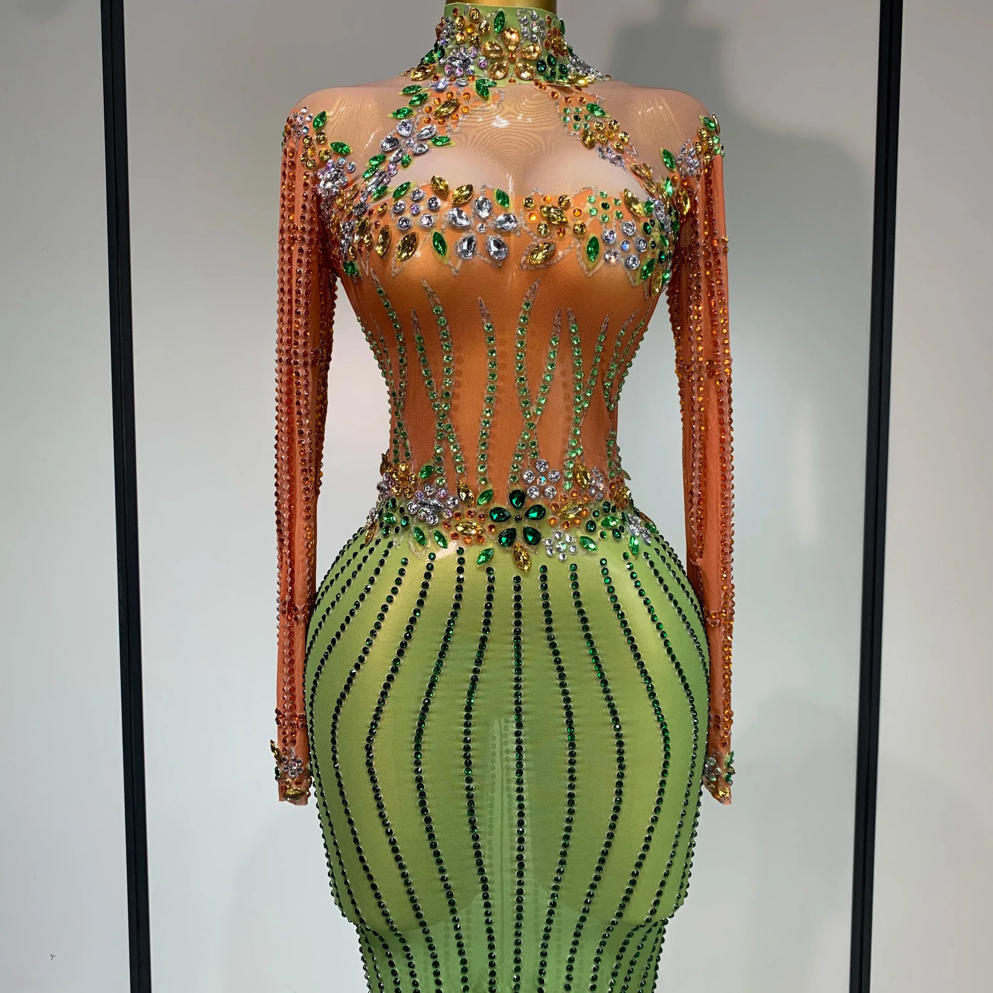 Luxury Birthday Dress Women Sparkly Diamond Short Dress Sexy Mesh See Through Celebrate Evening Party Singer Performance Costume Orange