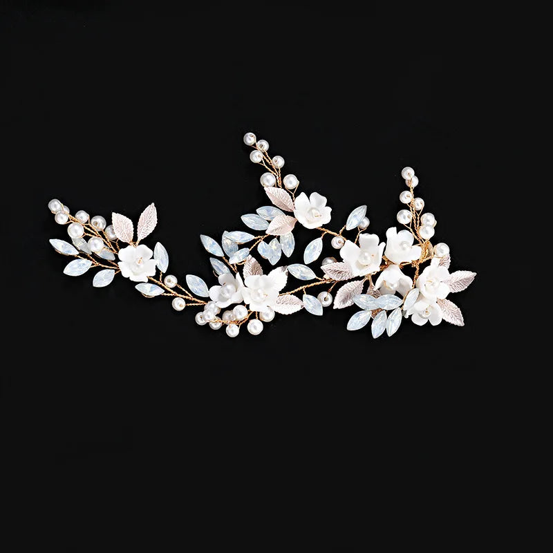 Porcelain Flower Hair Clip Pin Pearl Opal Hairpin Brides Women Vintage Gold Color Headpieces Wedding Accessories Bridal Jewelry