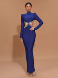 Women'S Light Luxury Nail Bead Sexy Backless Bandage Dress Stand Collar Long Sleeved Bodycon Backless Long Dress Vestidos Blue