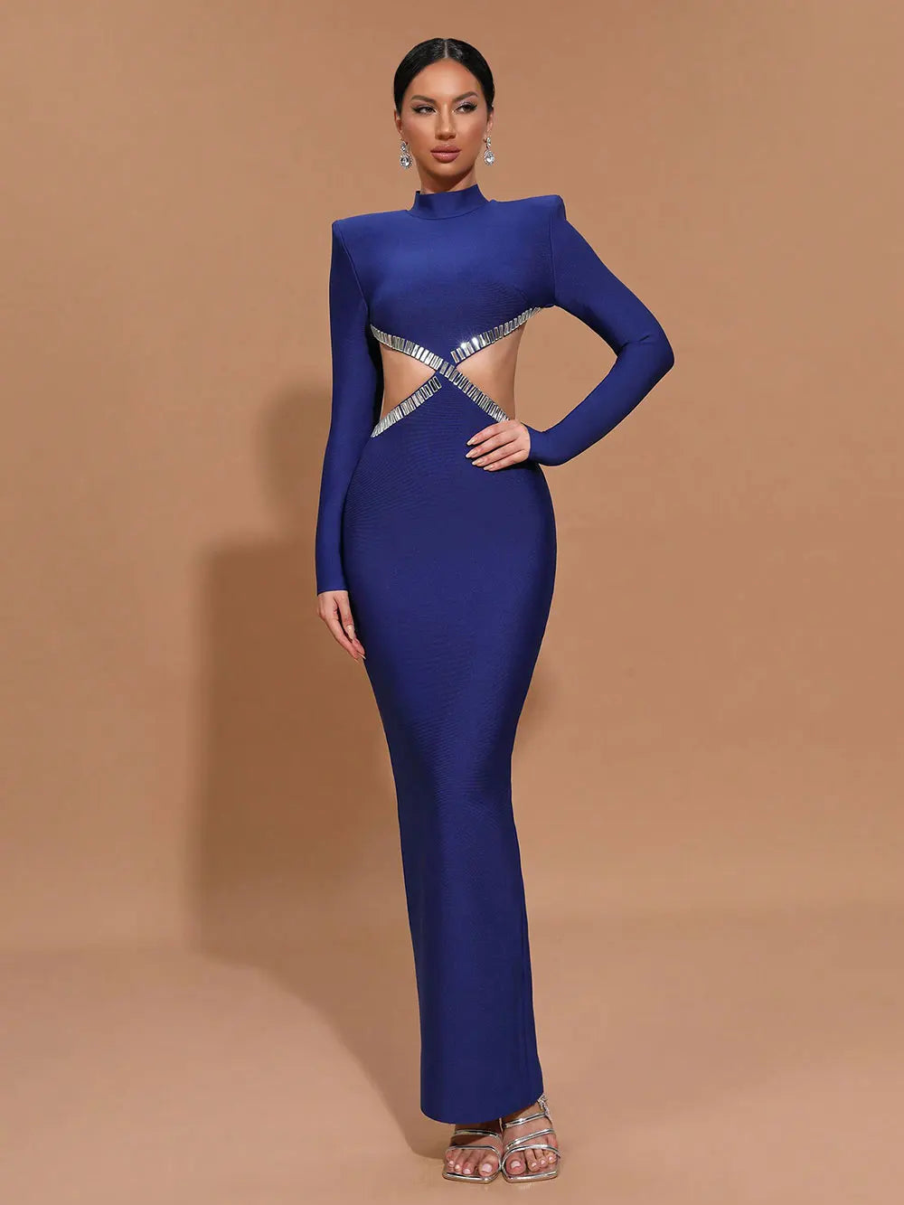 Women'S Light Luxury Nail Bead Sexy Backless Bandage Dress Stand Collar Long Sleeved Bodycon Backless Long Dress Vestidos Blue