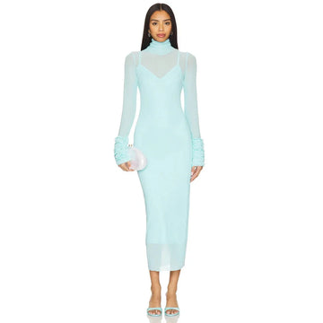 Sexy Turtleneck Mesh Bodycon Midi Dress with Ruffle Cuffs, Polyester Sheath Shape SKY BLUE