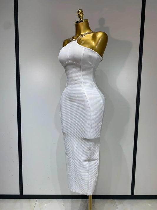 Sexy Sling Backless Crystal Diamonds Chain Bodycon Bandage Dress White Elegant Evening Club Luxury Birthday Party Dresses