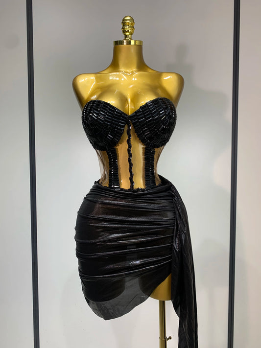 Sexy Fashion Black Rhinestones Two piece Set Women Celebrate Evening Birthday Party Dance Show Stage Performance Costume black