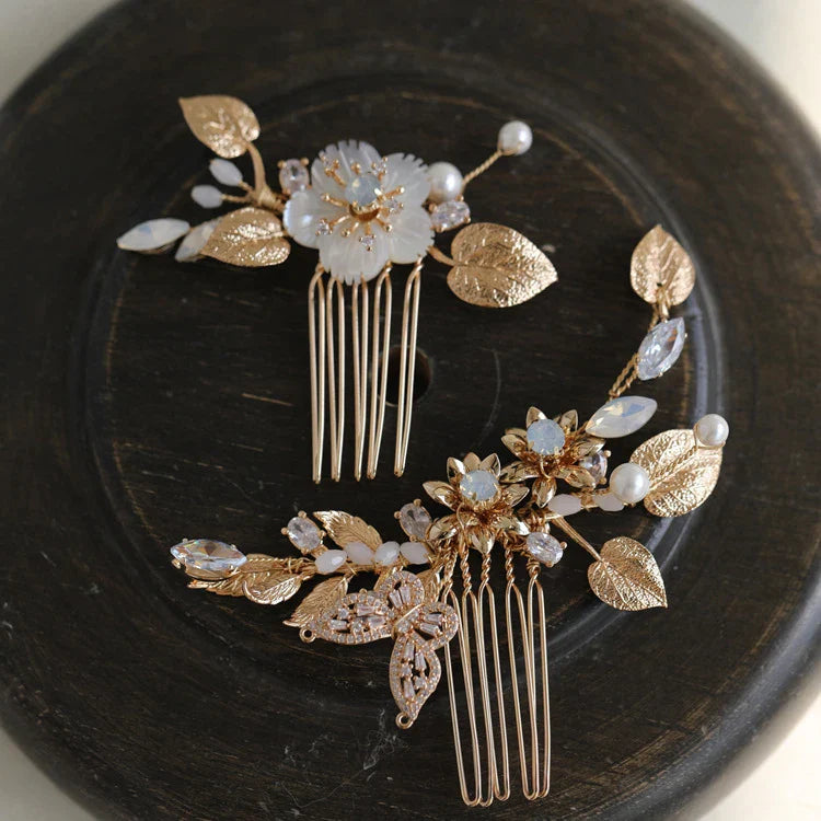 Opal Rhinestones Crystal Hair Comb Pin Clip Gold Color Head Piece Brides Flower Leaf Hairpins Wedding Accessories Bridal Jewelry