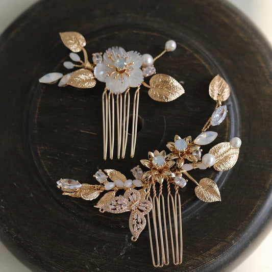 Opal Rhinestones Crystal Hair Comb Pin Clip Gold Color Head Piece Brides Flower Leaf Hairpins Wedding Accessories Bridal Jewelry