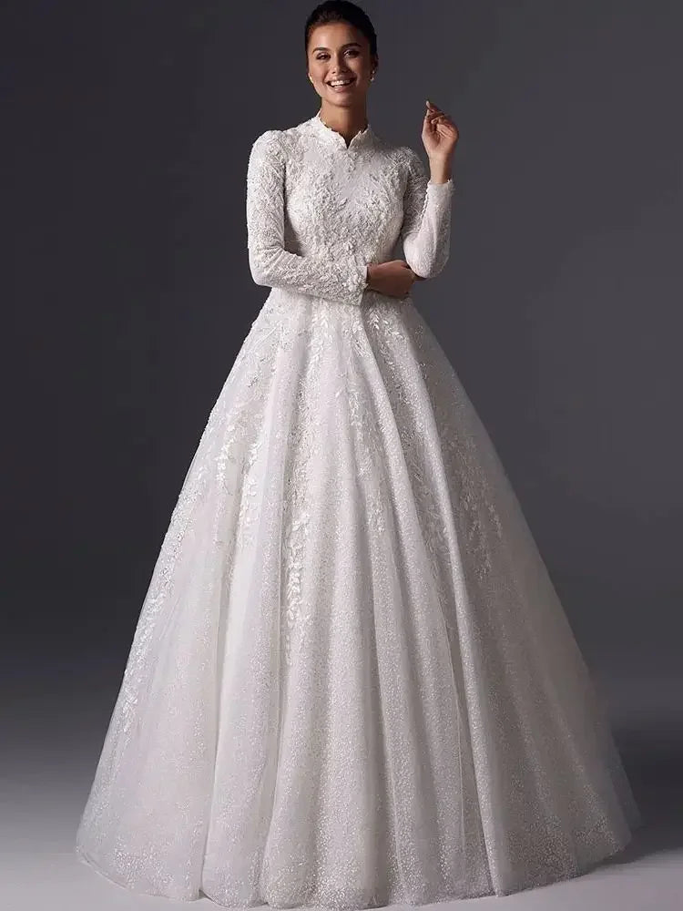 Customized High Neck A-line Muslim Wedding Dress Long Sleeve Lace Applique Bridal Dress Vintage Vestidos De Novia 2025