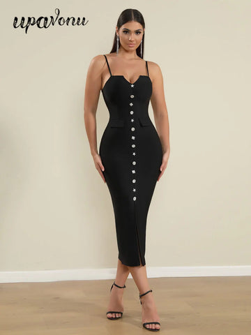 Sexy Women'S Bandage Dress Spaghetti Strap Sleeveless Rhinestone Button Design Bodycon Backless Split Midi Dresses Vestidos