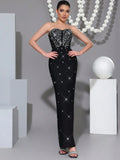 Sexy Women's Nail Bead Design Bandage Dress Strapless Sleeveless Bodycon Backless Long Dress Cocktail Dinner Dress Vestitos