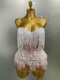 Sexy Pearl Sequins Tassel Sleeveless Glitter Mini Dress Women Singer Bar Nightclub Stage Performance Clothing Show Outfit WHITE