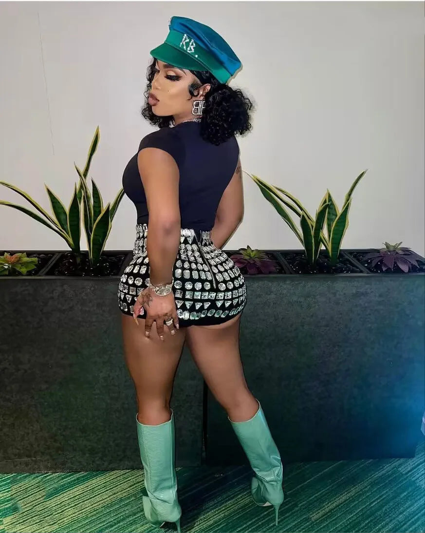 Women Sexy Big Crystal Bodycon Shorts Celebrate Nightclub Party Birthday Wear Bar Dancer Fashion Shorts