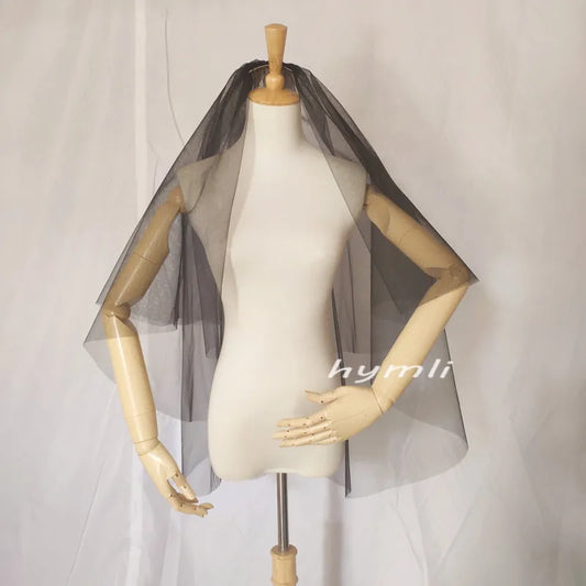 Two-Tier Tulle Black Wedding Veil with Metal Comb, Fingertip Length 90cm