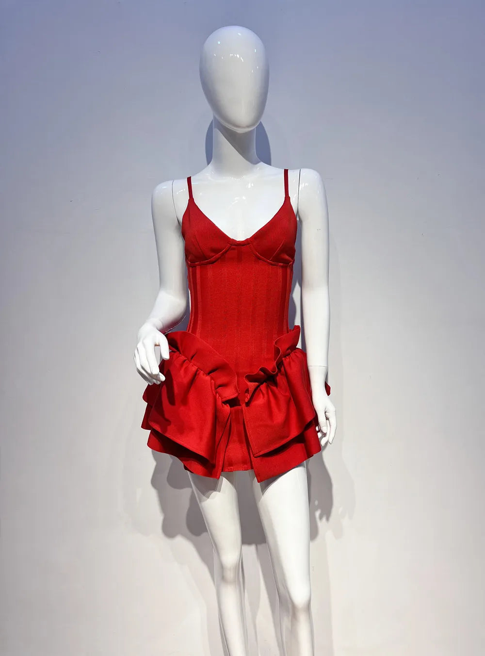 Red Color Women Sleeveless Sexy V-Neck Bodycon Mini Bandage Dress Ruffles Fashion Celebrate Birthday Party Girls' Dress Vestido