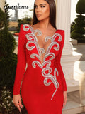 Elegant Women's Light Luxury Nail Diamond Design Bandage Dress O-Neck Long Sleeve Bodycon Mini Dress Evening Party Vestidos