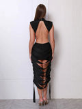 Sexy Women'S Hollow Design Bandage Dress High Neck Sleeveless Waist Exposed Bodycon Backless Mid Length Dress Party Vestido