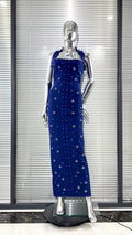 Women Sexy Halter Off the Shoulder Beading Rhinestones Bodycon Long Bandage Dress Evening Party Cocktail Vestido Navy Blue