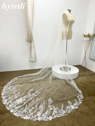 New Style Floral Chapel / Cathedral Bridal Veil Flower Lace Royal Wedding Veil Metal Comb Off-White 350cm