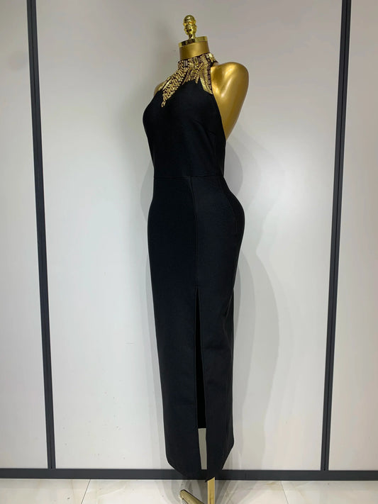 Women Fashion Celebrity Sexy Backless Beading Midi Black Bodycon Bandage Dress Elegant Evening Club Luxury Birthday Dresses