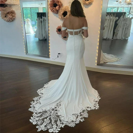 Casual Wedding Dress Mermaid Off Shoulder Lace Appliques Crepe Boho Bridal Gowns Elegant Bride Dresses Robe de Mariee