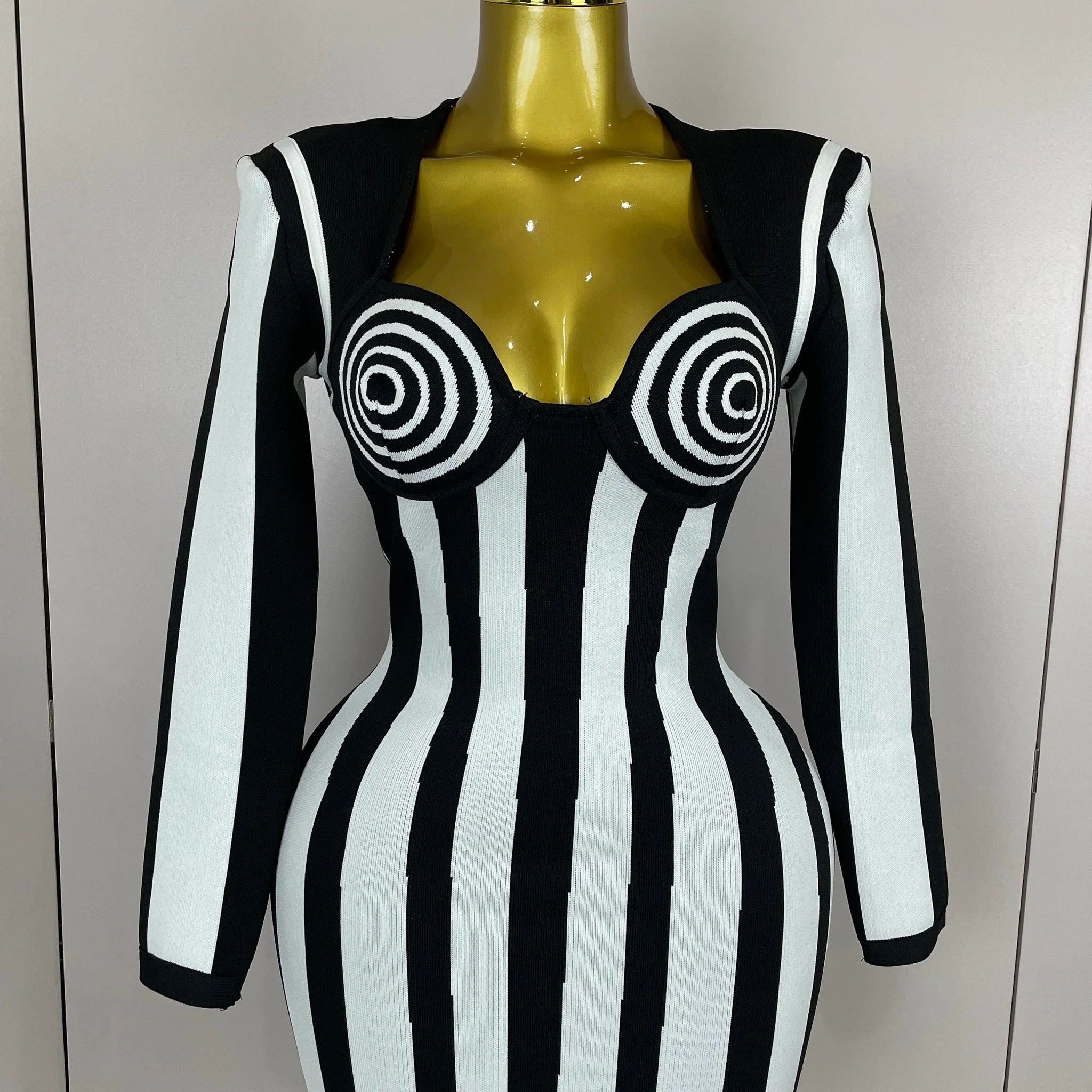 Luxury Sexy Long Sleeve Stripe Black White Mini Bandage Dress Women Knitted Celebrity Elegant Evening Club Birthday Dresses black