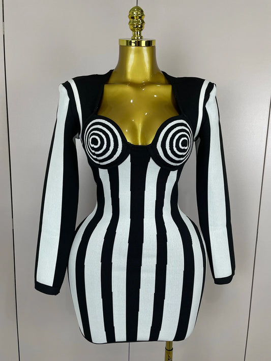 Luxury Sexy Long Sleeve Stripe Black White Mini Bandage Dress Women Knitted Celebrity Elegant Evening Club Birthday Dresses black